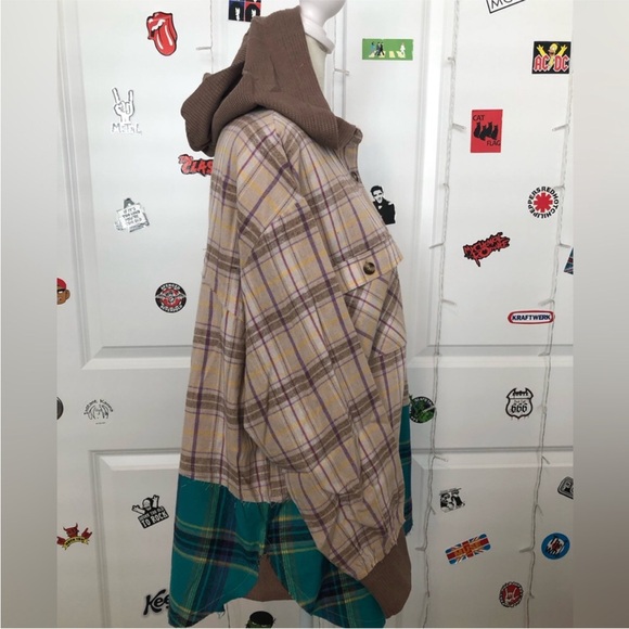 Easel Mix Plaid Button Down Oversized Thermal With Hood In Khaki. NWT! Sz S - Picture 2 of 11